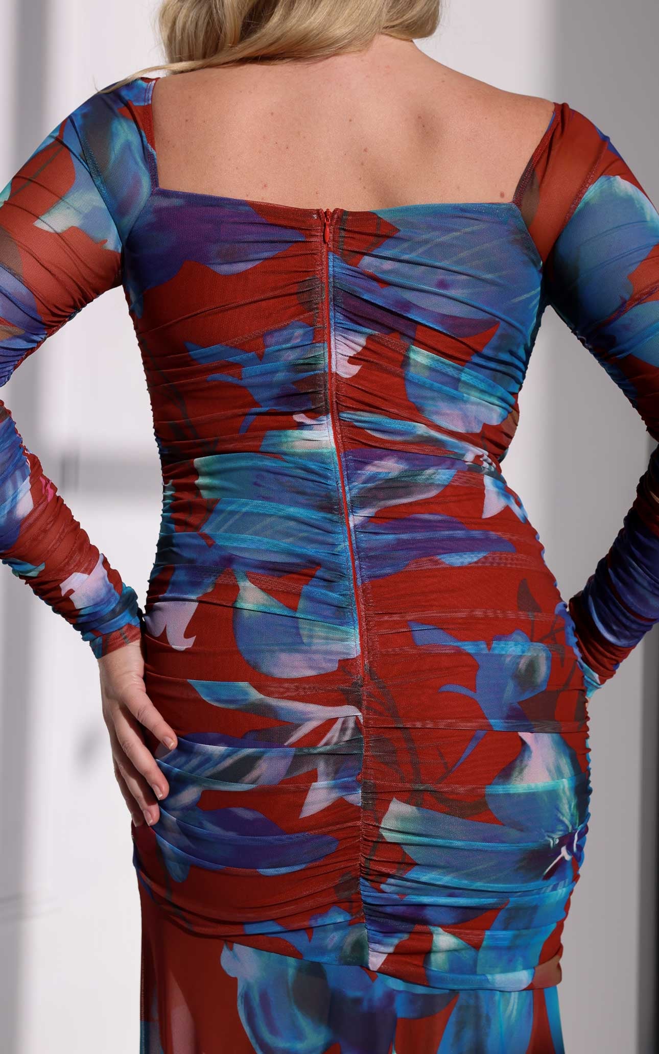 Rikki Mesh Maxi Dress - Red Blue Floral