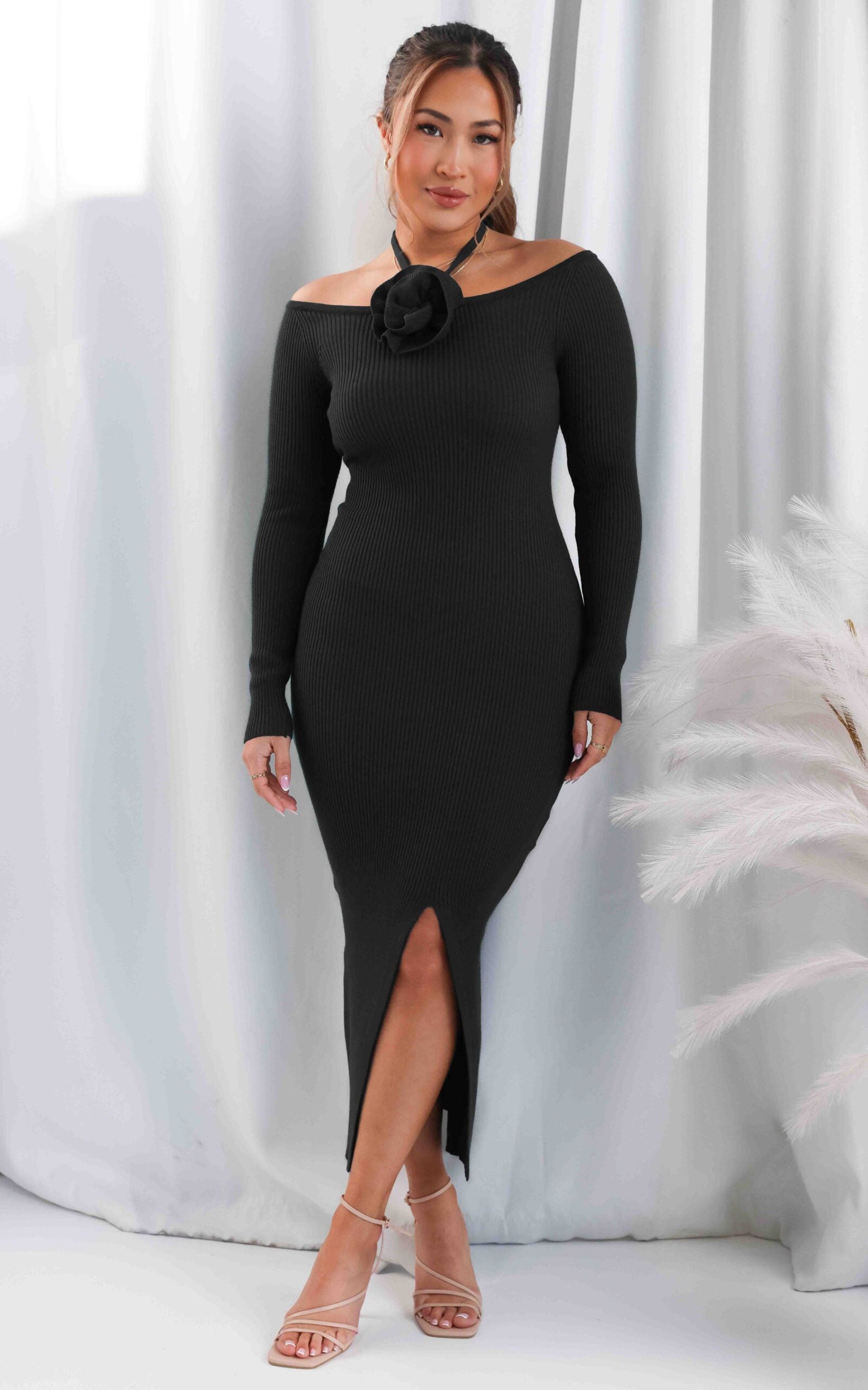 ROSABELLE OFF SHOULDER TIE DETAIL DETACHABLE ROSE SPLIT RIBBED KNIT MAXI DRESS - BLACK By Amica ROSABELLE OFF SHOULDER TIE DETAIL DETACHABLE ROSE SPLIT RIBBED KNIT MAXI DRESS - BLACK By Amica