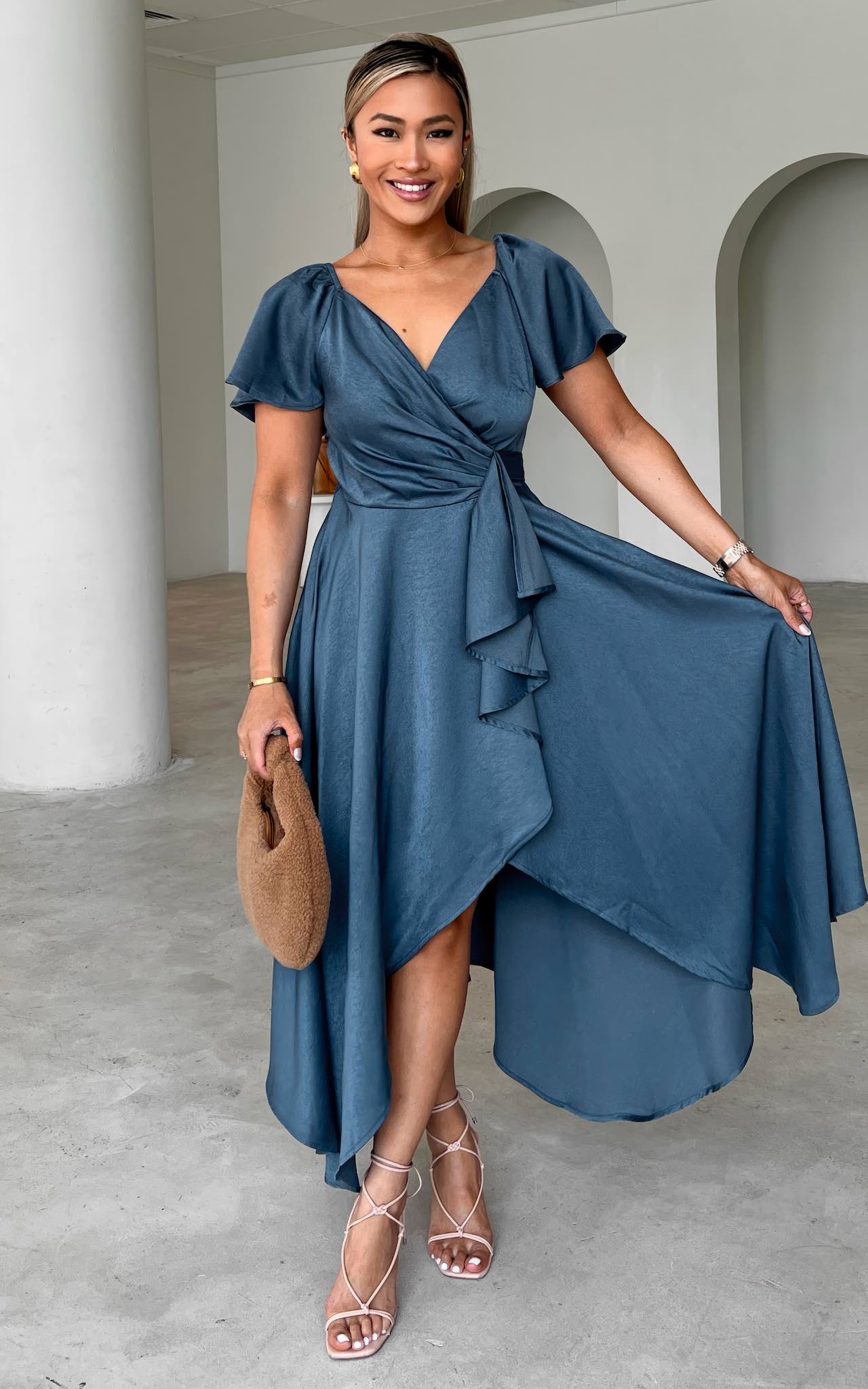 ROSSETTI V NECK SHORT FLUTTER SLEEVE WRAP MAXI DRESS - STEEL BLUE By Amica ROSSETTI V NECK SHORT FLUTTER SLEEVE WRAP MAXI DRESS - STEEL BLUE By Amica