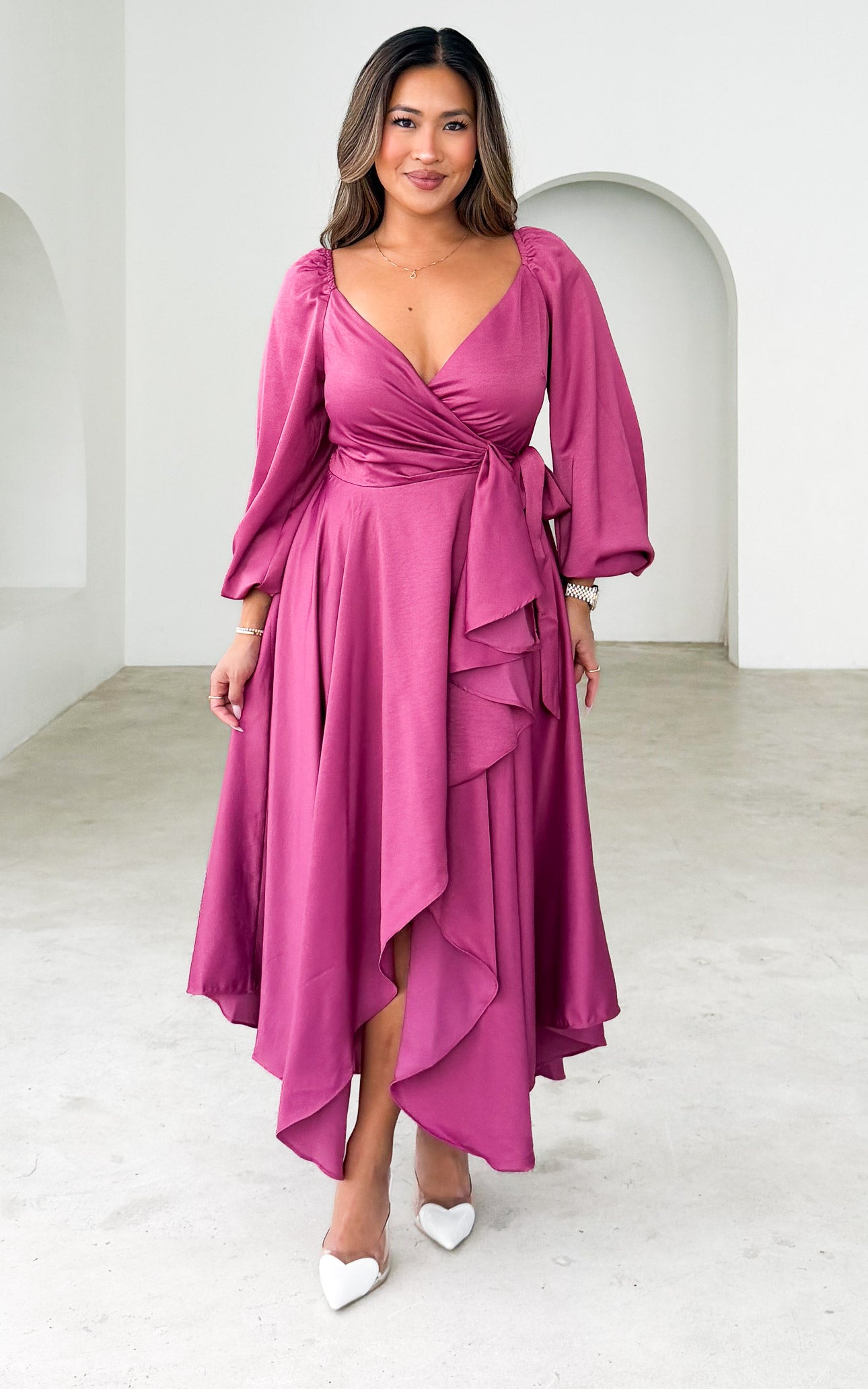 ROSSETTI V NECK LONG BALLOON SLEEVE WRAP MAXI DRESS