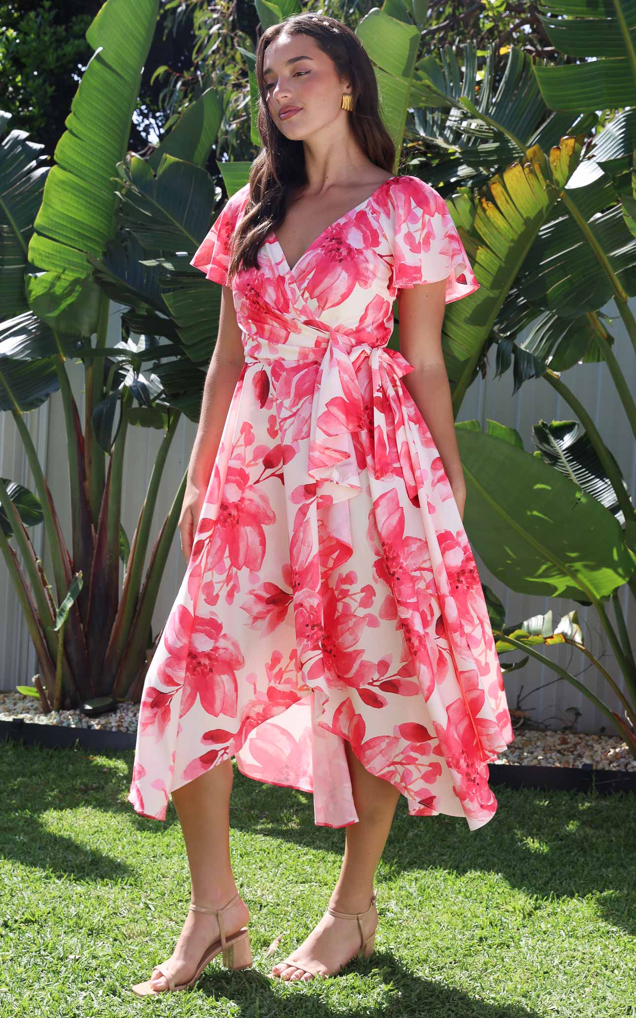 Rossetti Short Sleeve Wrap Maxi Dress - Cream Pink Floral