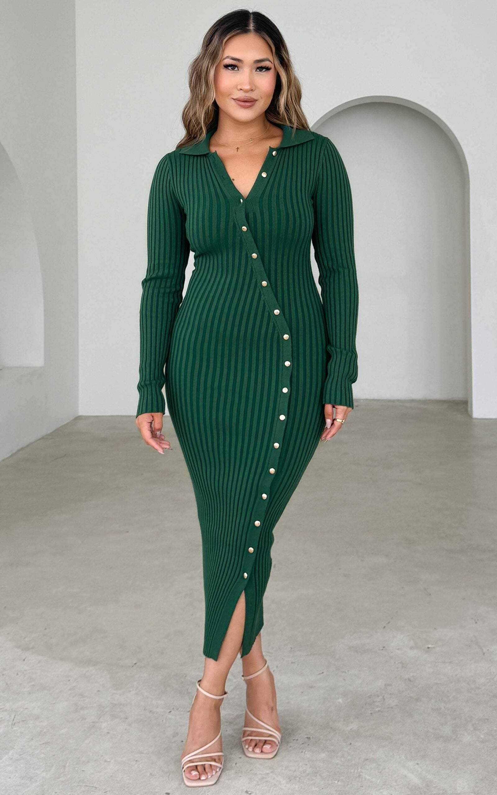 SIDNEY COLLARED V NECK BUTTON UP LONG SLEEVE RIBBED KNIT MIDI DRESS - EMERALD By Amica SIDNEY COLLARED V NECK BUTTON UP LONG SLEEVE RIBBED KNIT MIDI DRESS - EMERALD By Amica