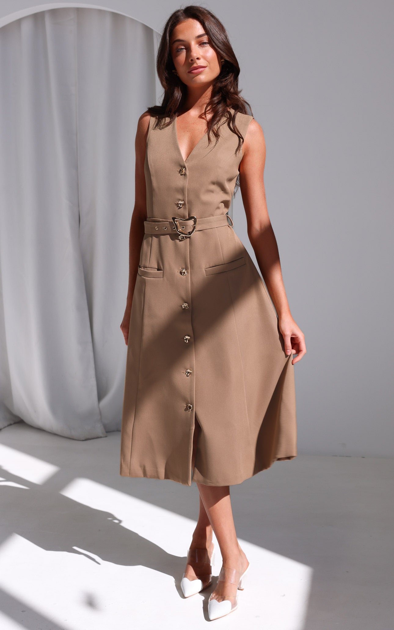 Seddiq Vest Midi Dress - Khaki Brown