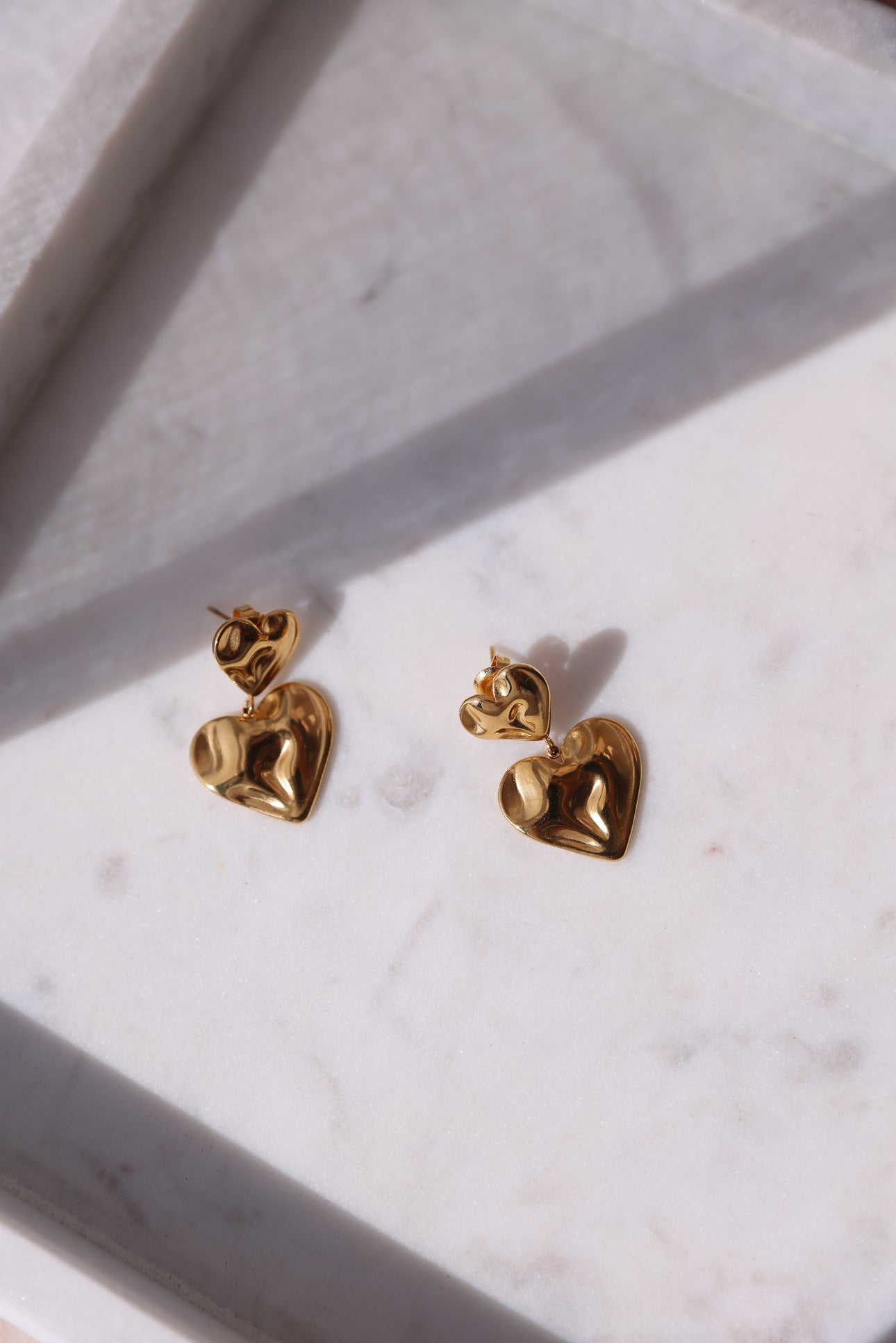 Valentine Drop Stud Earrings - Gold Smooth Texture Heart