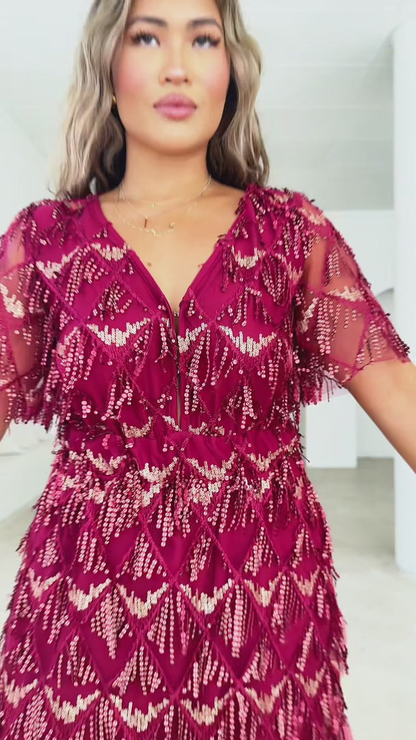 angels in america midi dress wine Arilyn Sequin Midi Dress