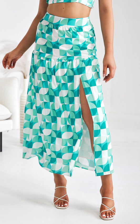 About Damn Time Maxi Skirt - Green Geometric Print