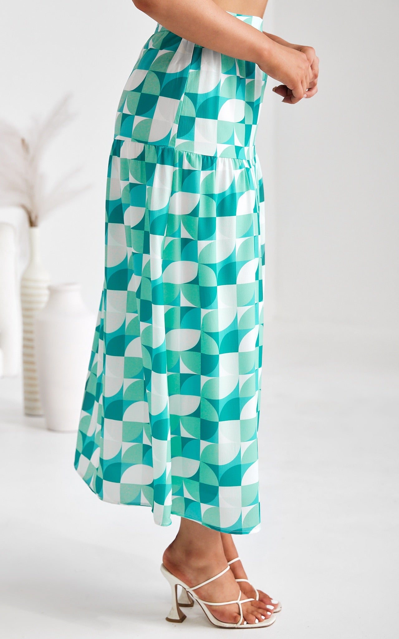 About Damn Time Maxi Skirt - Green Geometric Print