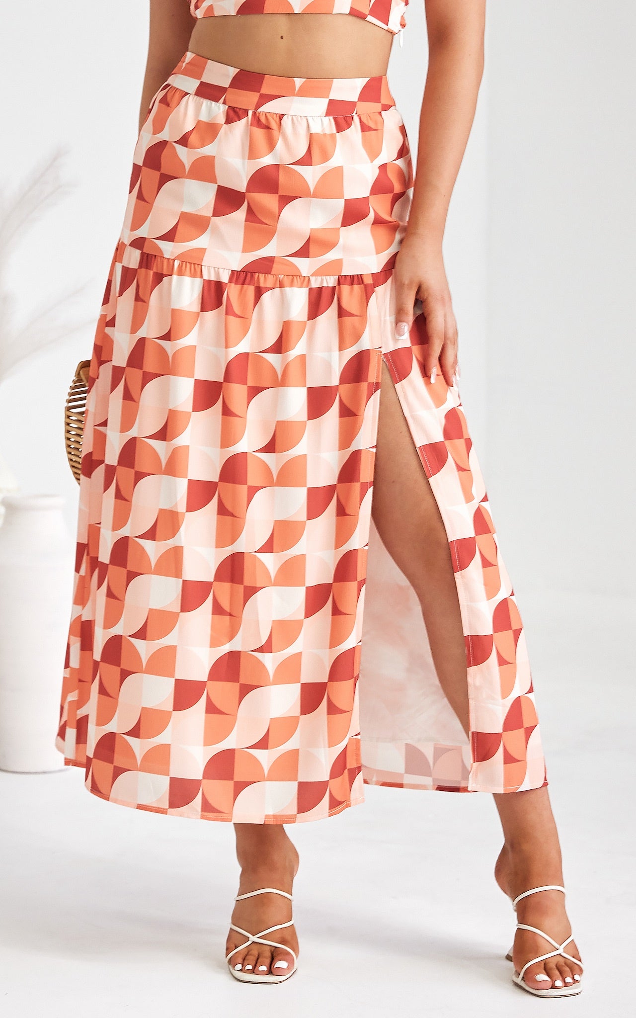 About Damn Time Maxi Skirt - Orange Geometric Print