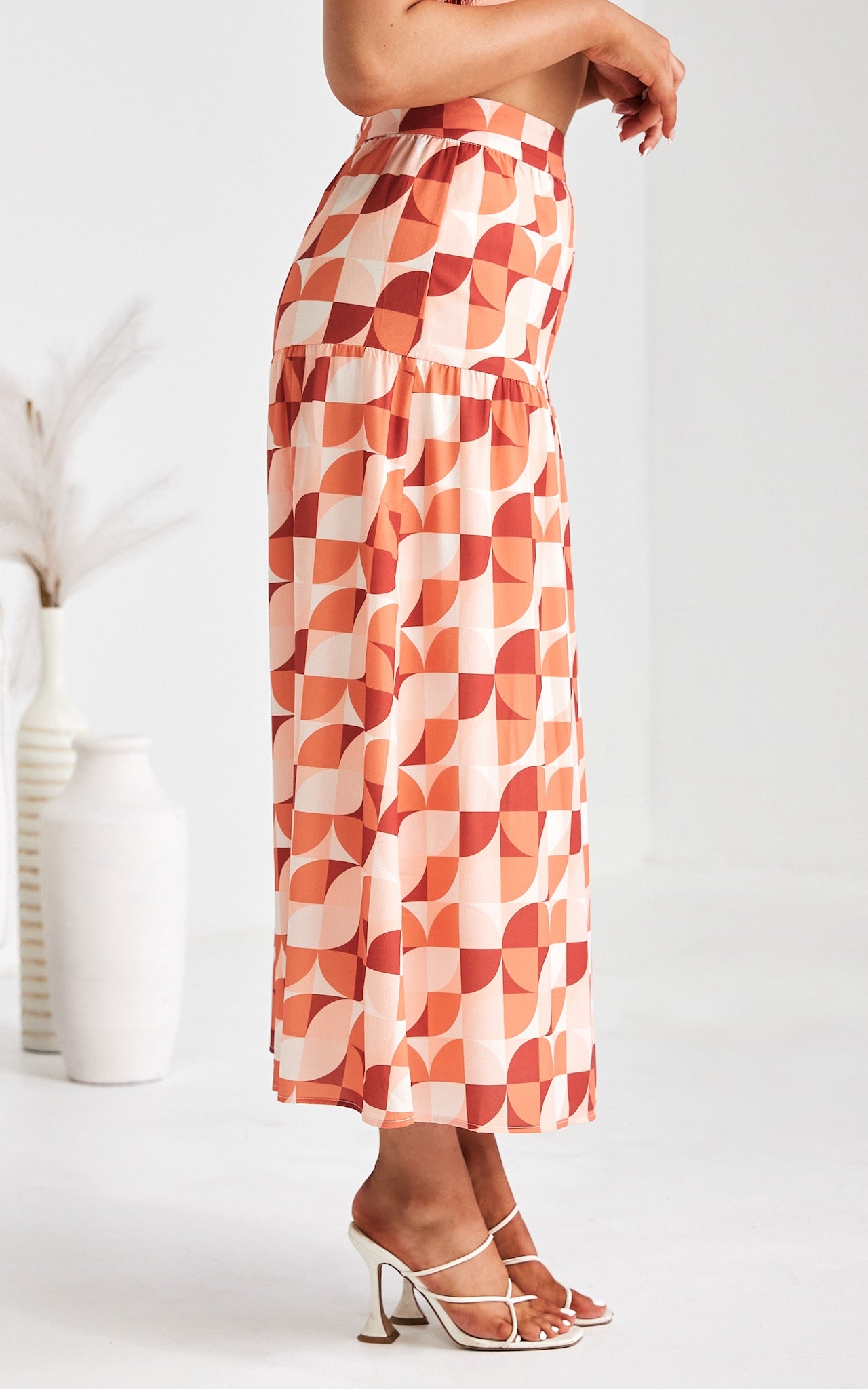 About Damn Time Maxi Skirt - Orange Geometric Print