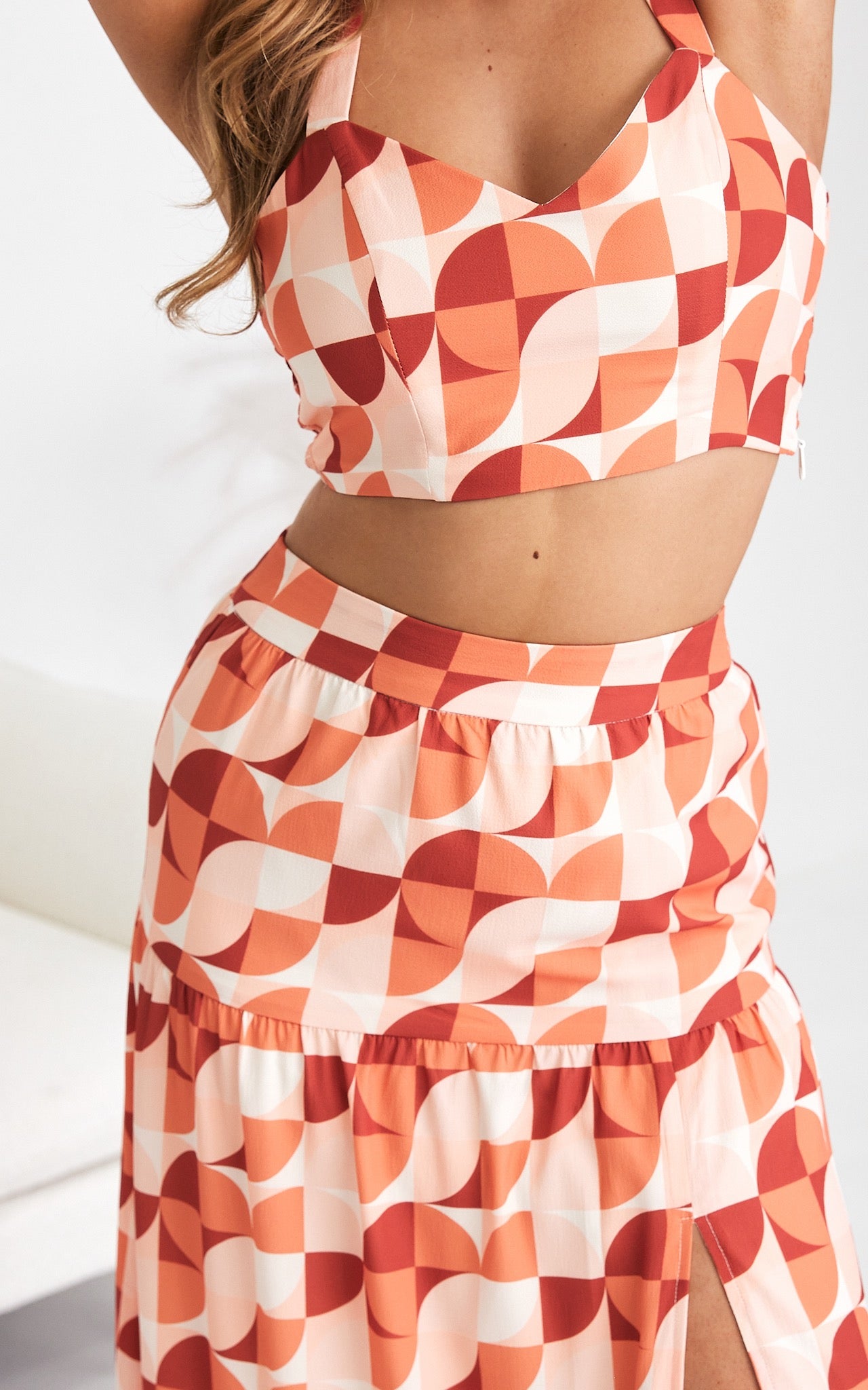 About Damn Time Maxi Skirt - Orange Geometric Print