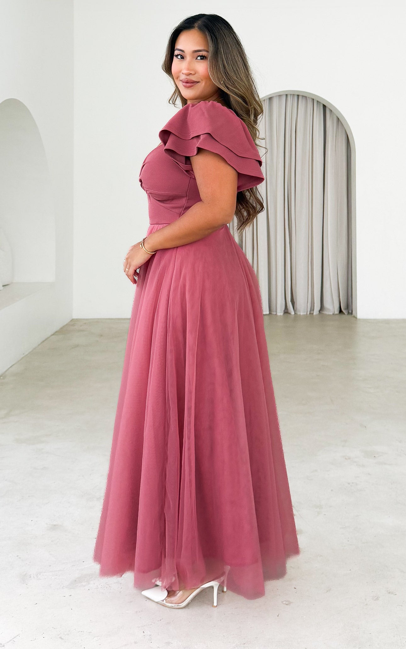 Adella Tulle Maxi Dress - Deep Rose