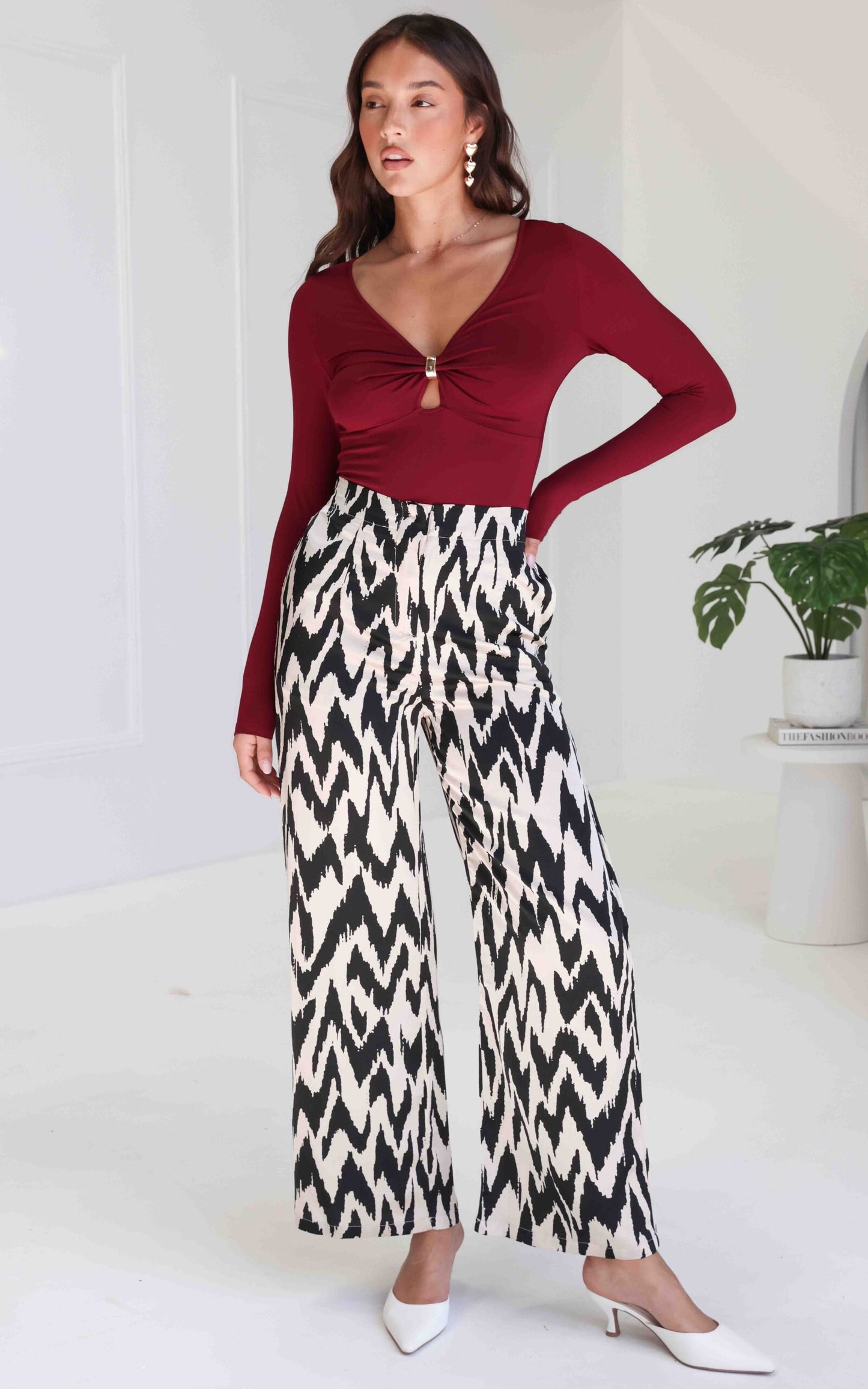 Daya Satin Wide Leg Pants - Ivory Black Print