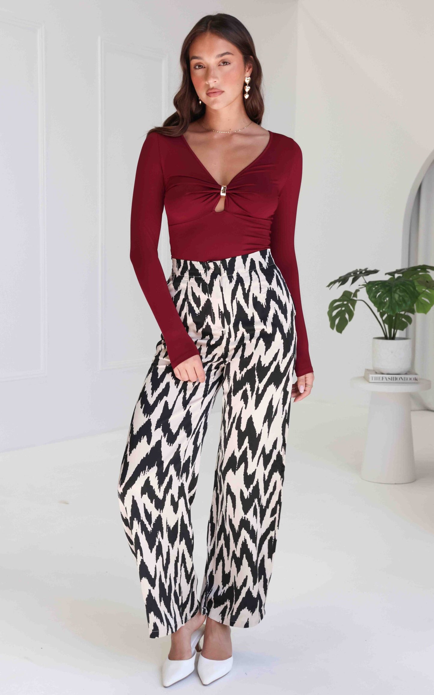 Daya Satin Wide Leg Pants - Ivory Black Print