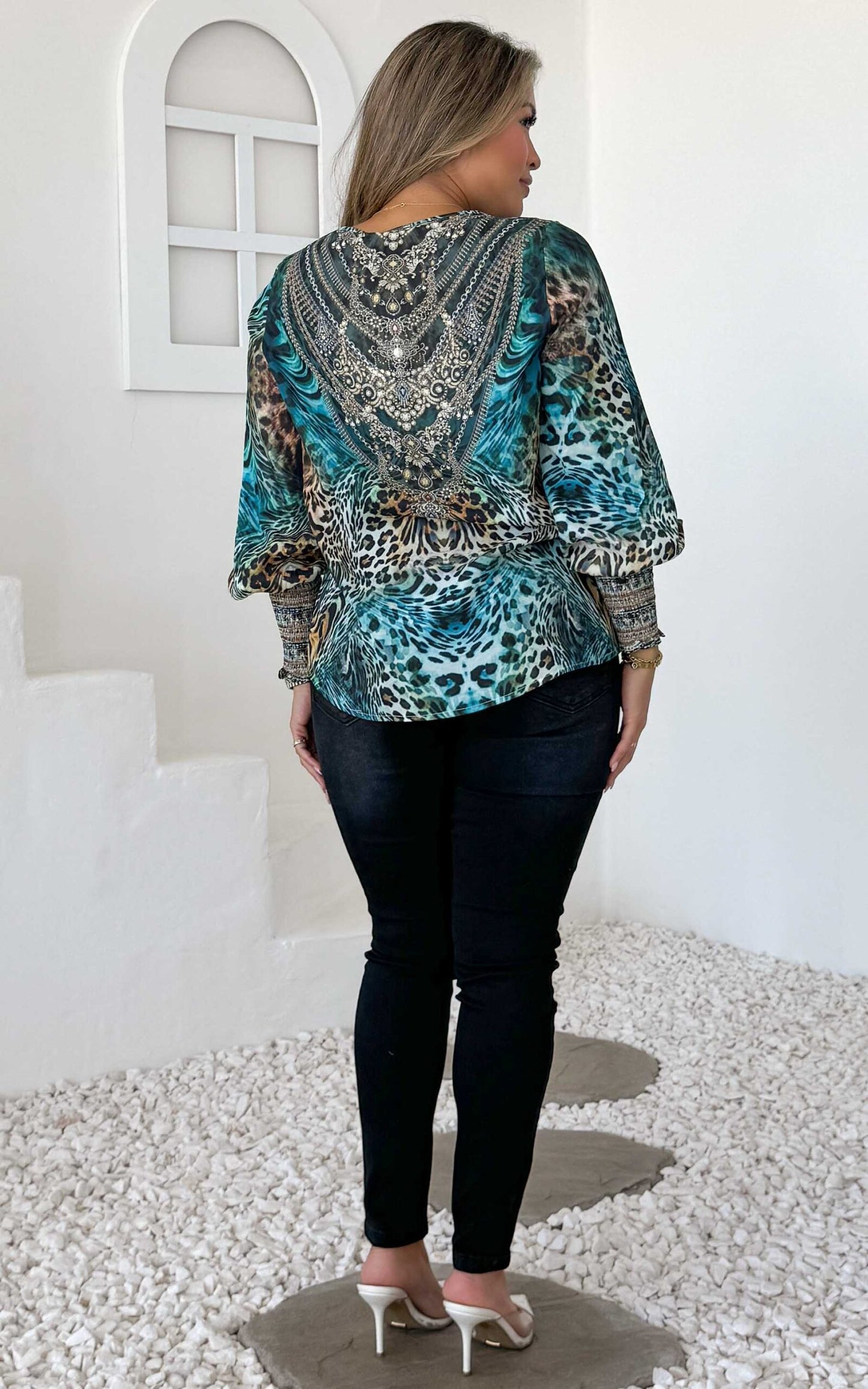 Akara Gem Embellished Top - Leopard Blue Print