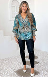 Akara Gem Embellished Top - Leopard Blue Print