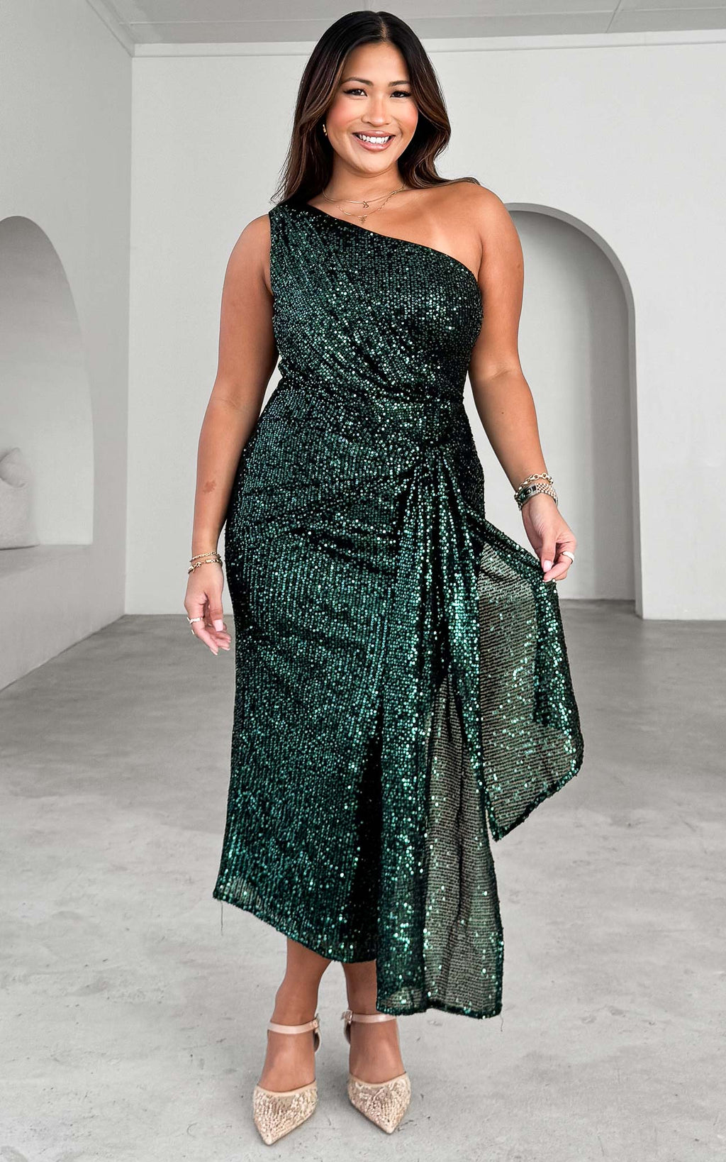 Alejandro Sequin Midi Dress - Emerald Black