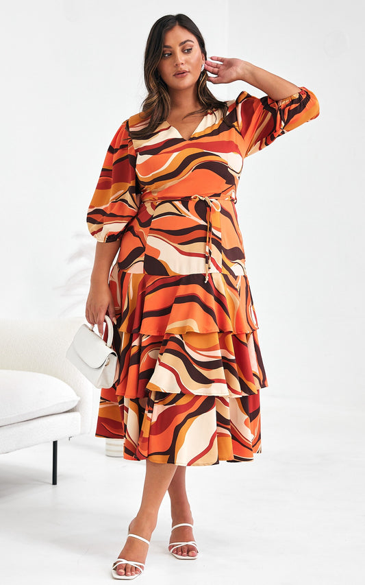 Alicie Midi Dress - Orange Brown Multi Print