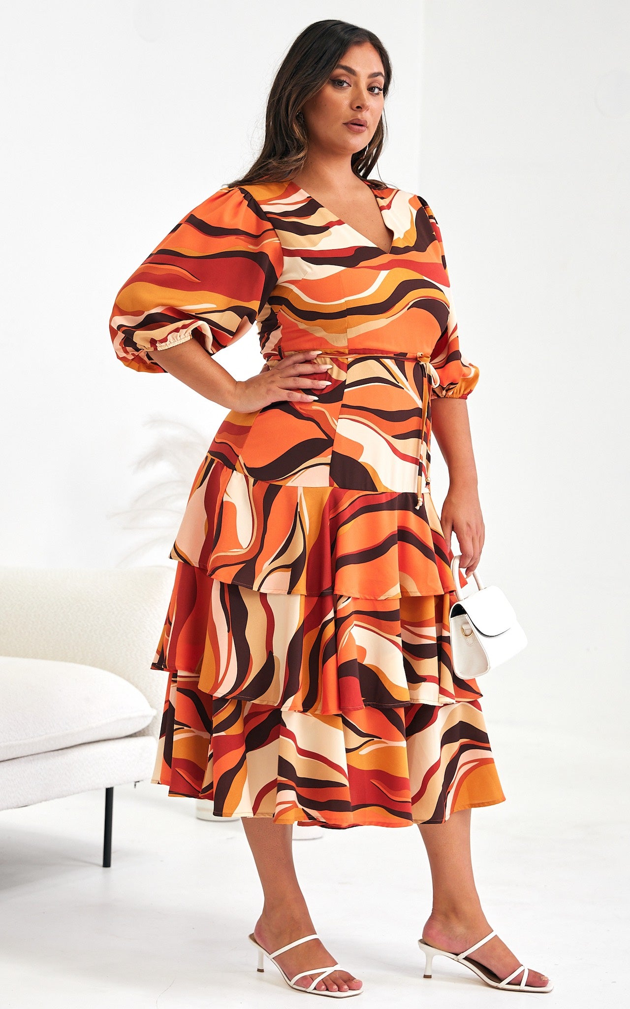 Alicie Midi Dress - Orange Brown Multi Print