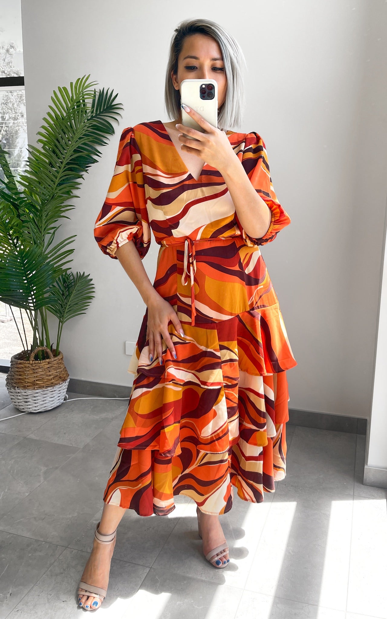 Alicie Midi Dress - Orange Brown Multi Print