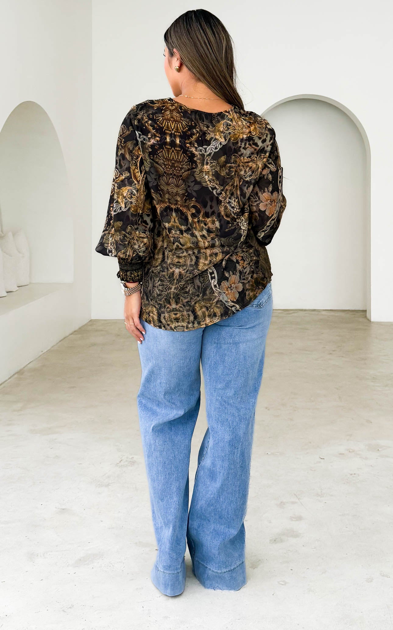 Amara Gem Embellished Top - Charcoal Gold Multi Print