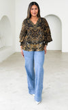 Amara Gem Embellished Top - Charcoal Gold Multi Print