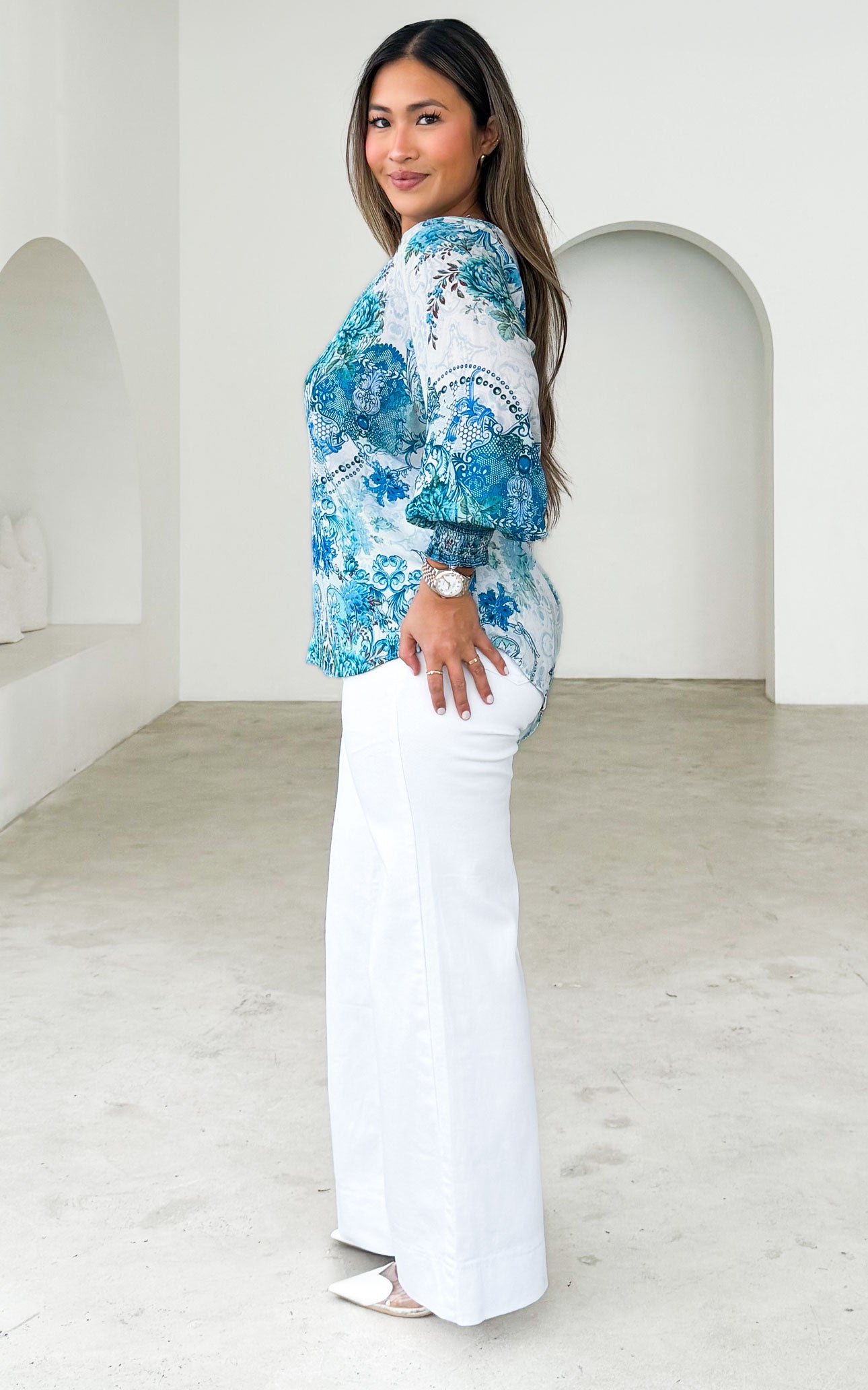 Amara Gem Embellished Top - Turquoise Blue Multi Print