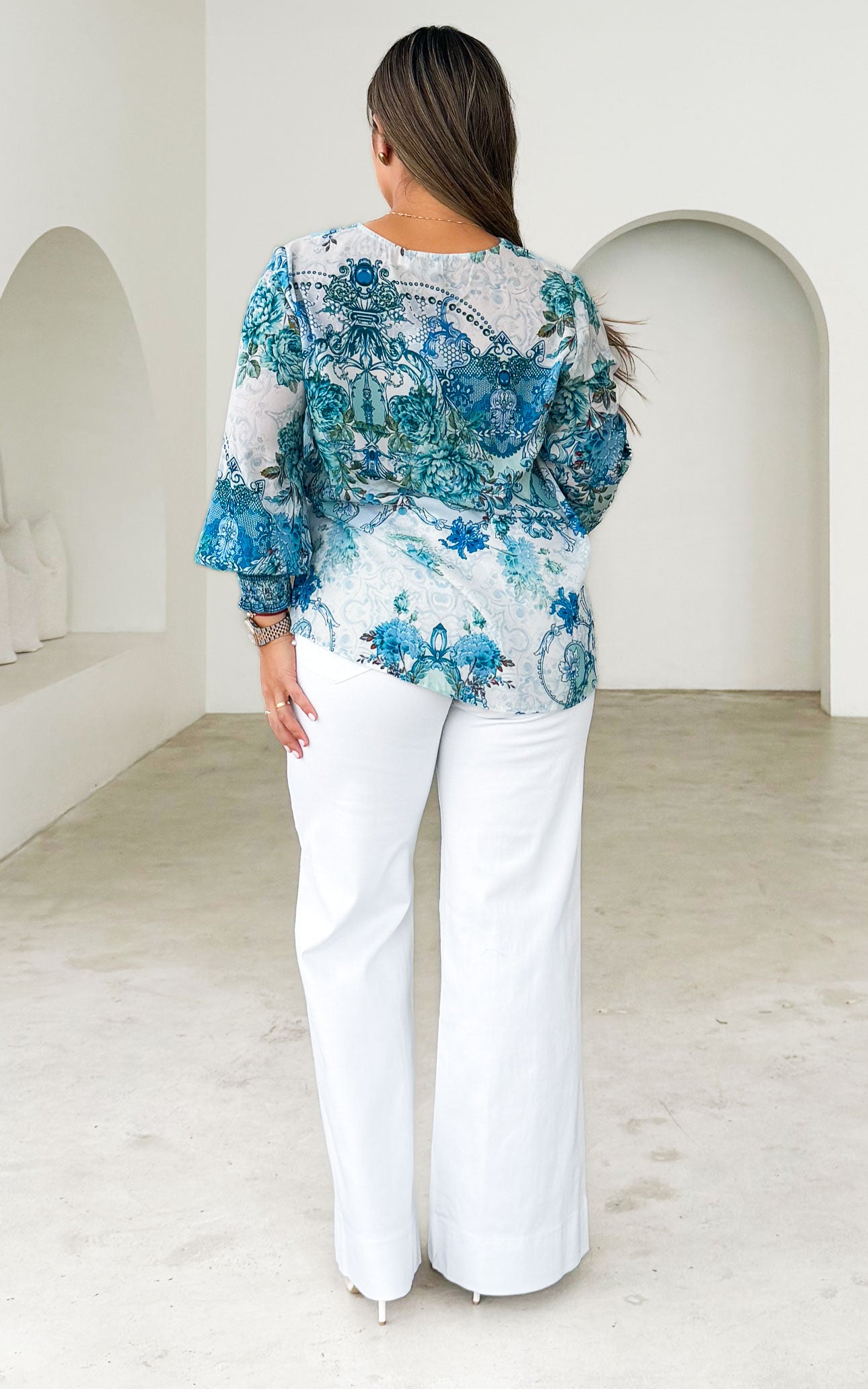 Amara Gem Embellished Top - Turquoise Blue Multi Print