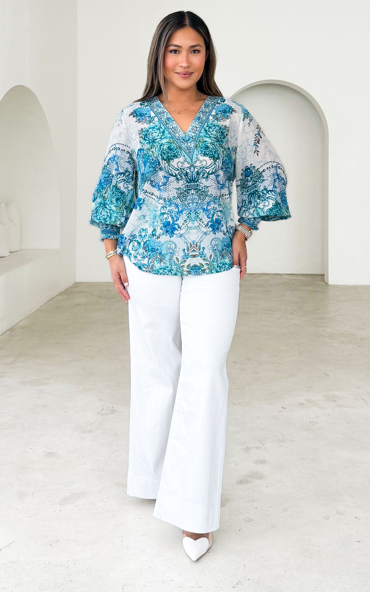 Amara Gem Embellished Top - Turquoise Blue Multi Print