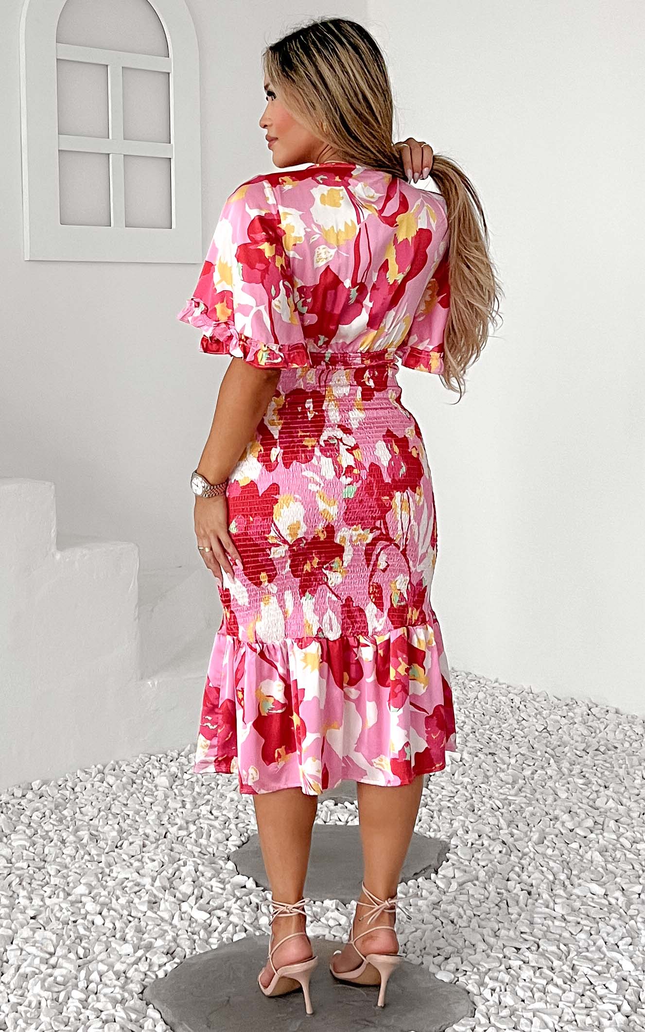 Amata Midi Dress - Pink Red Floral