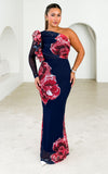 Amelio Long Sleeve Mesh Maxi Dress - Navy Red Floral