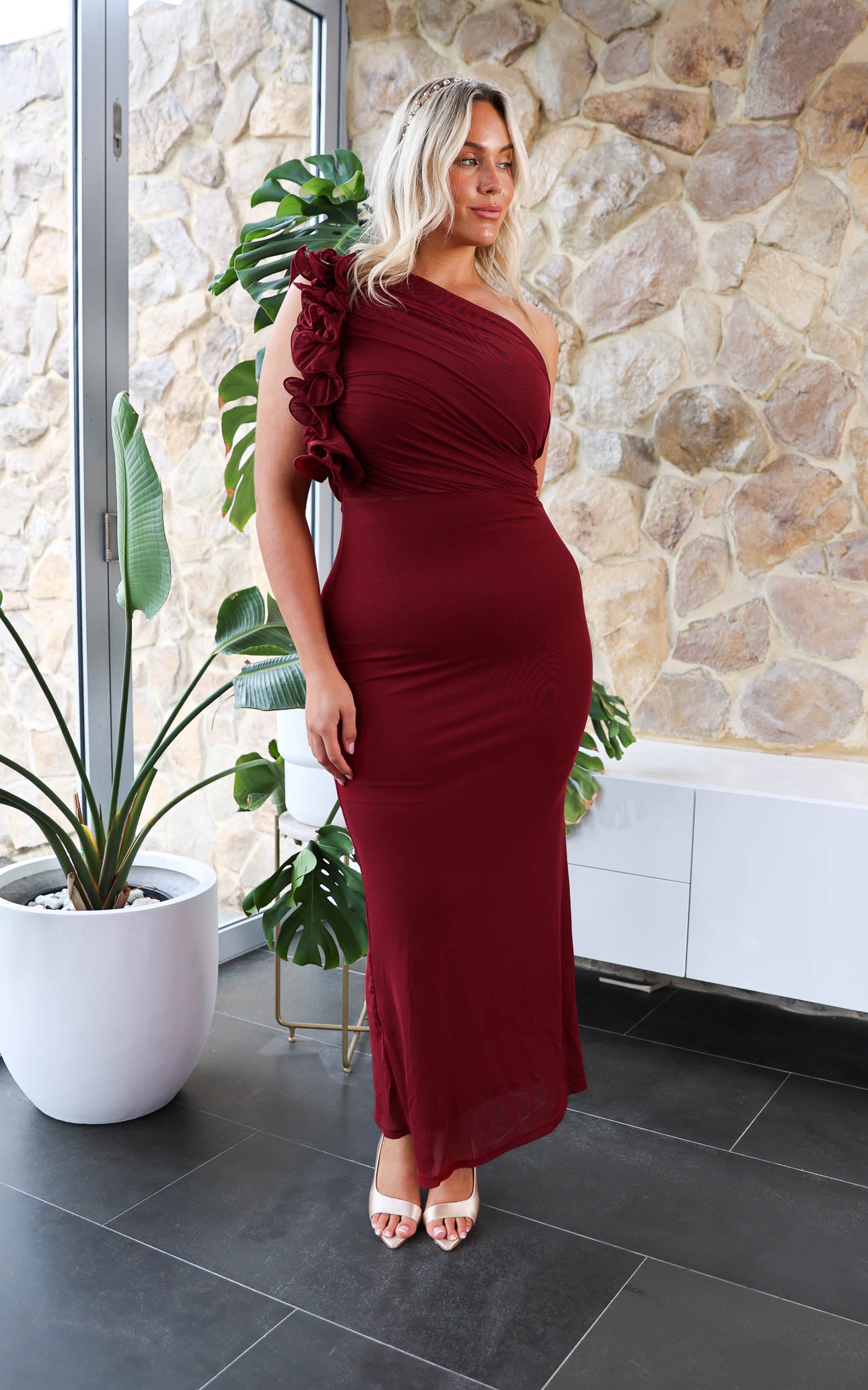Amelio Mesh Maxi Dress - Wine