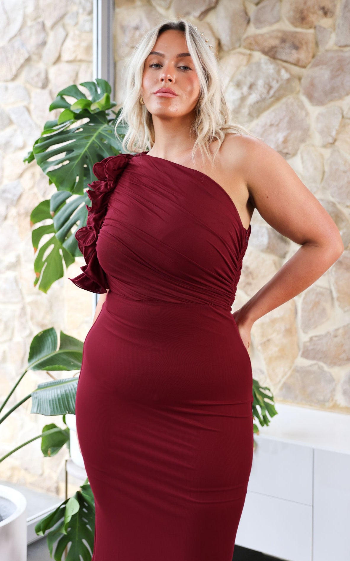 Amelio Mesh Maxi Dress - Wine