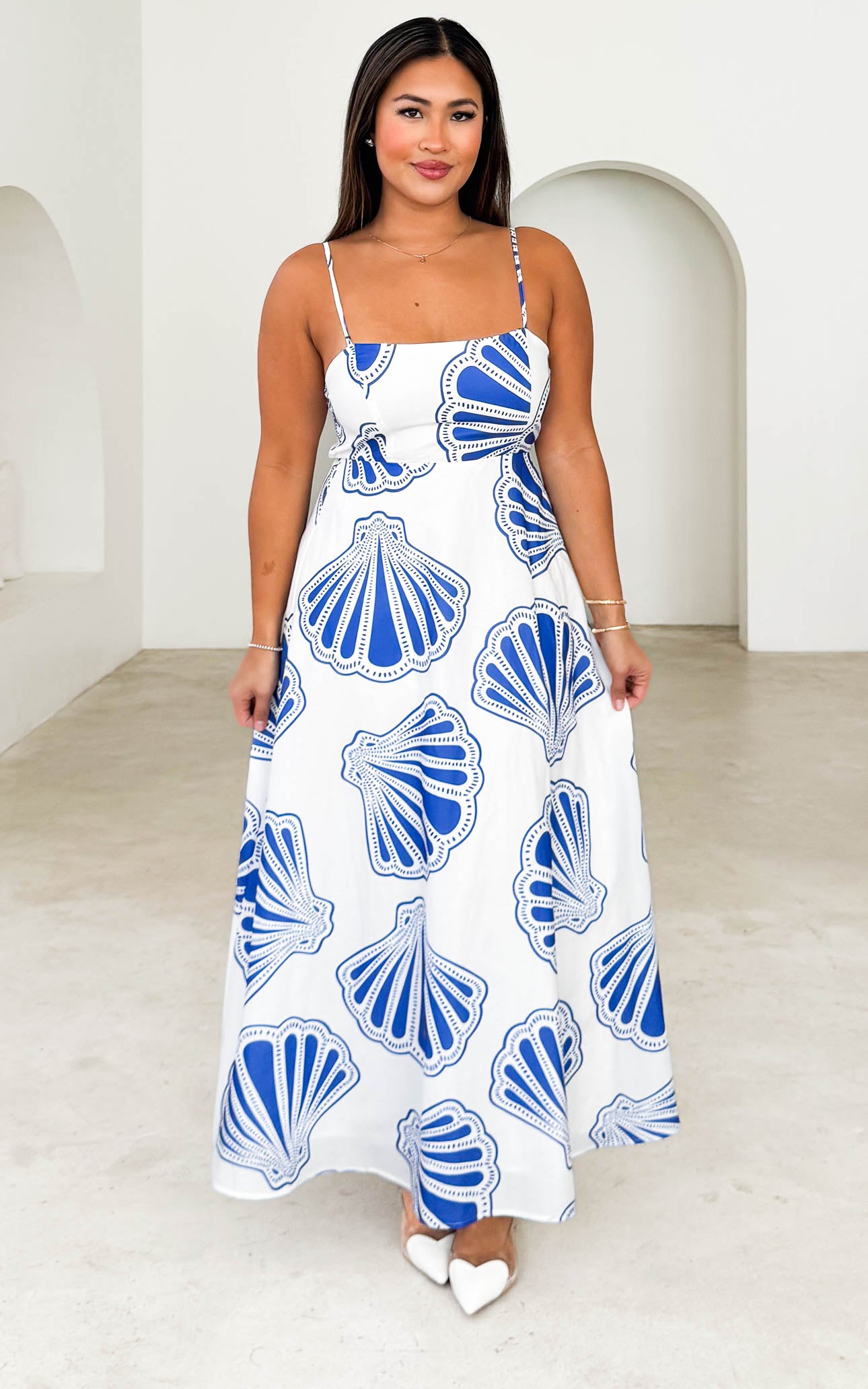Anafi Maxi Dress - White Blue Shell Print