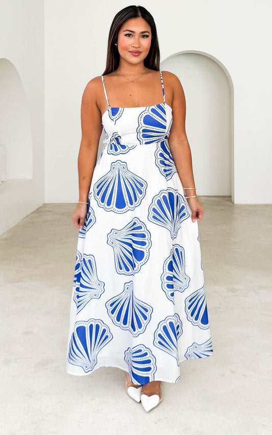 Anafi Maxi Dress - White Blue Shell Print