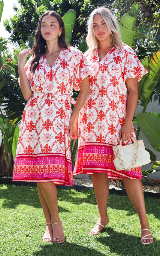 Anika Midi Dress - Cream Pink Multi Print