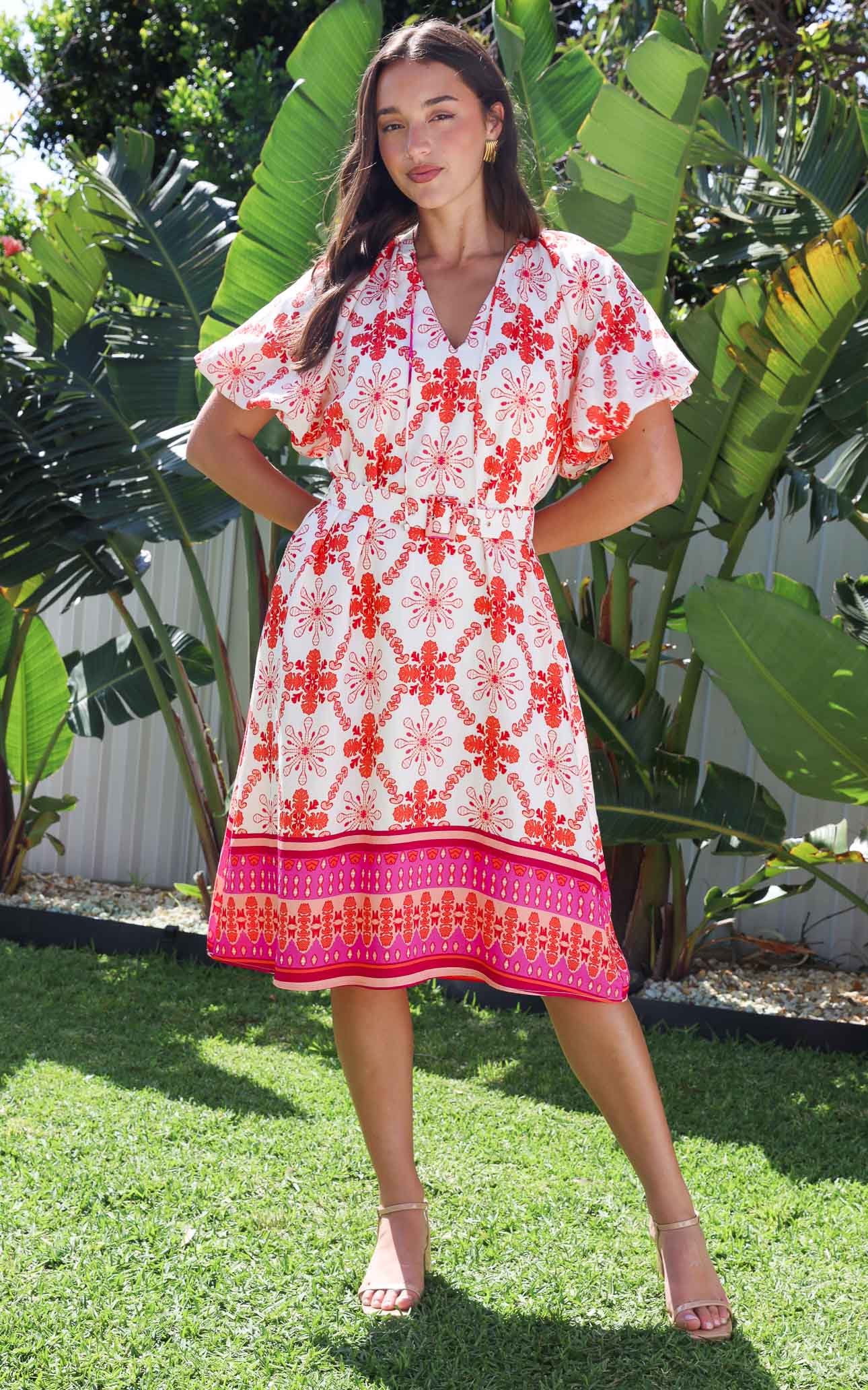 Anika Midi Dress - Cream Pink Multi Print