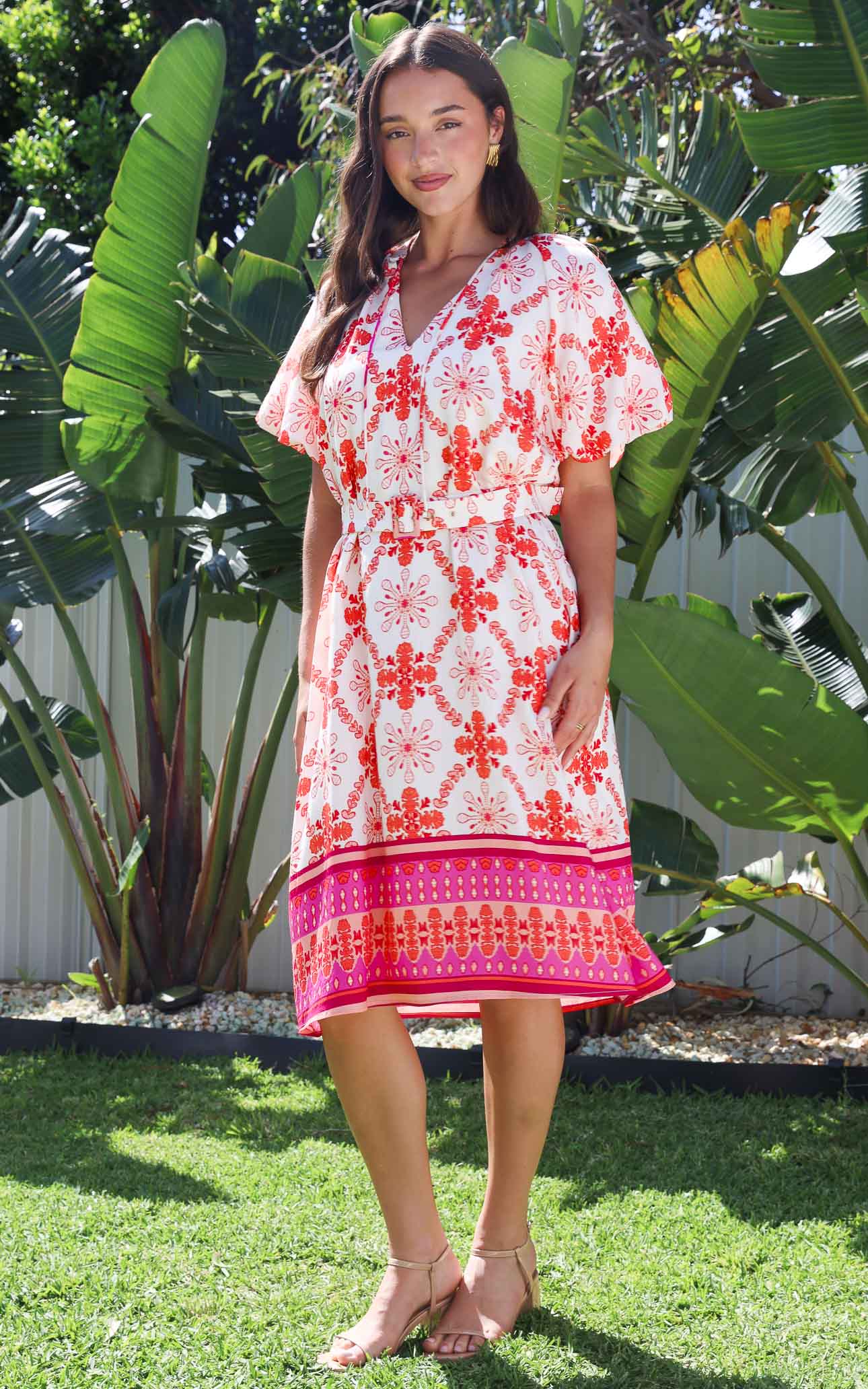 Anika Midi Dress - Cream Pink Multi Print