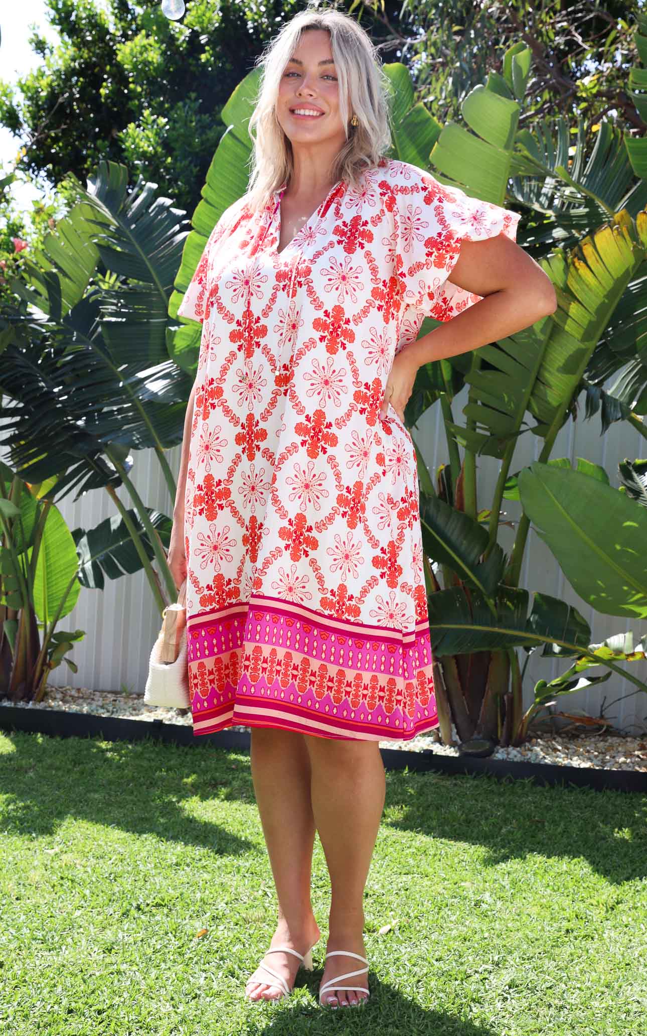 Anika Midi Dress - Cream Pink Multi Print