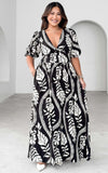 Aretha Three Quarter Sleeve Maxi Dress - Black White Print