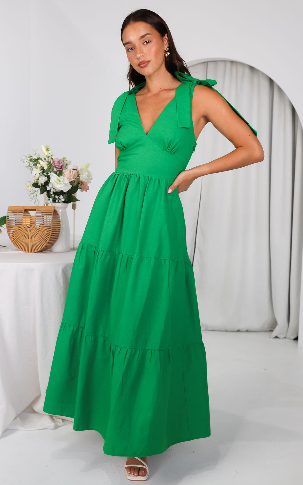 Aretha Tie Up Strap Maxi Dress - Green