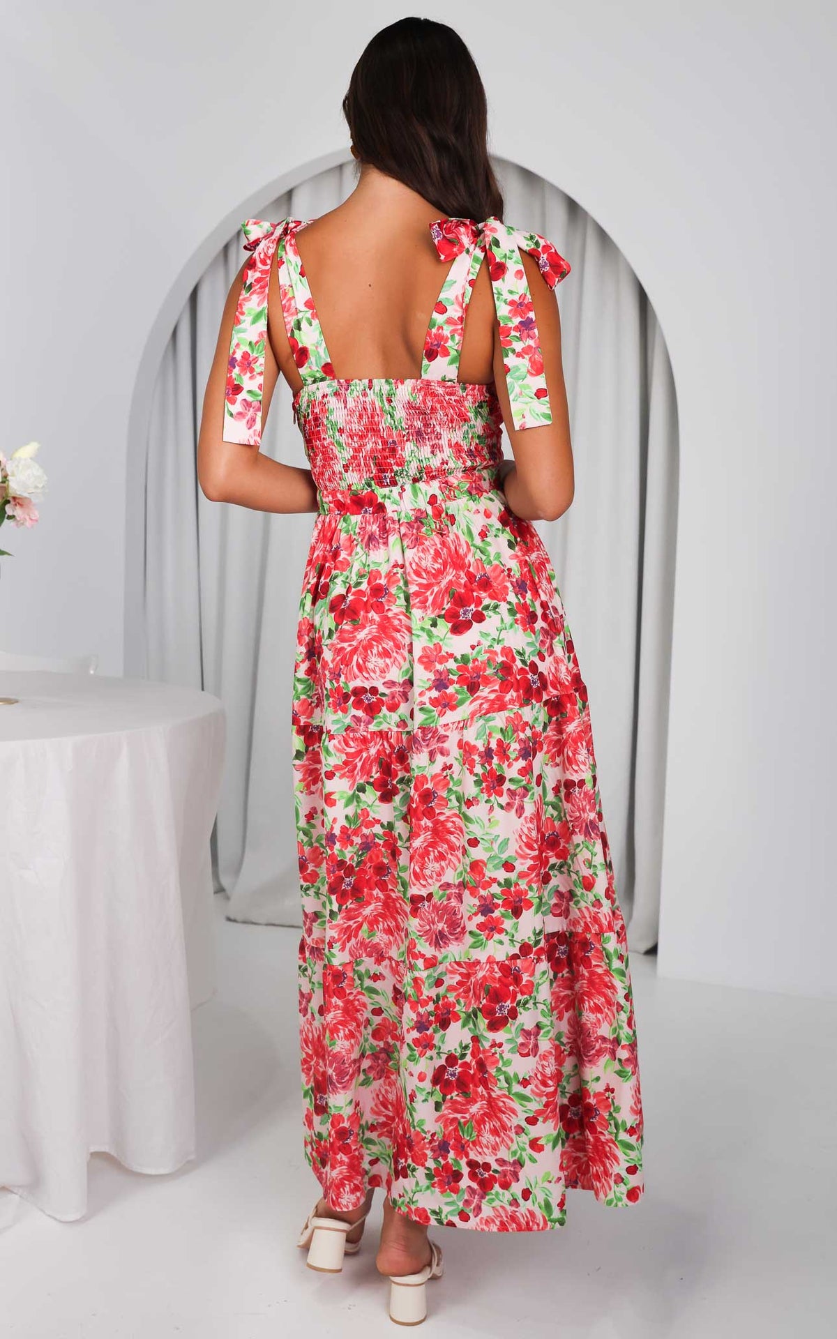Aretha Tie Up Strap Maxi Dress - Pink Red Floral