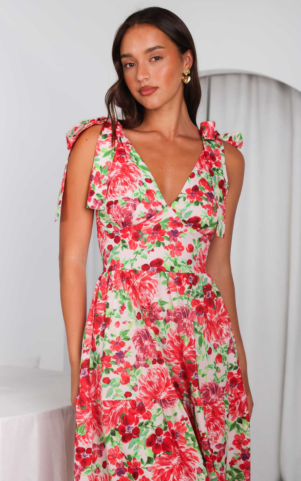 Aretha Tie Up Strap Maxi Dress - Pink Red Floral