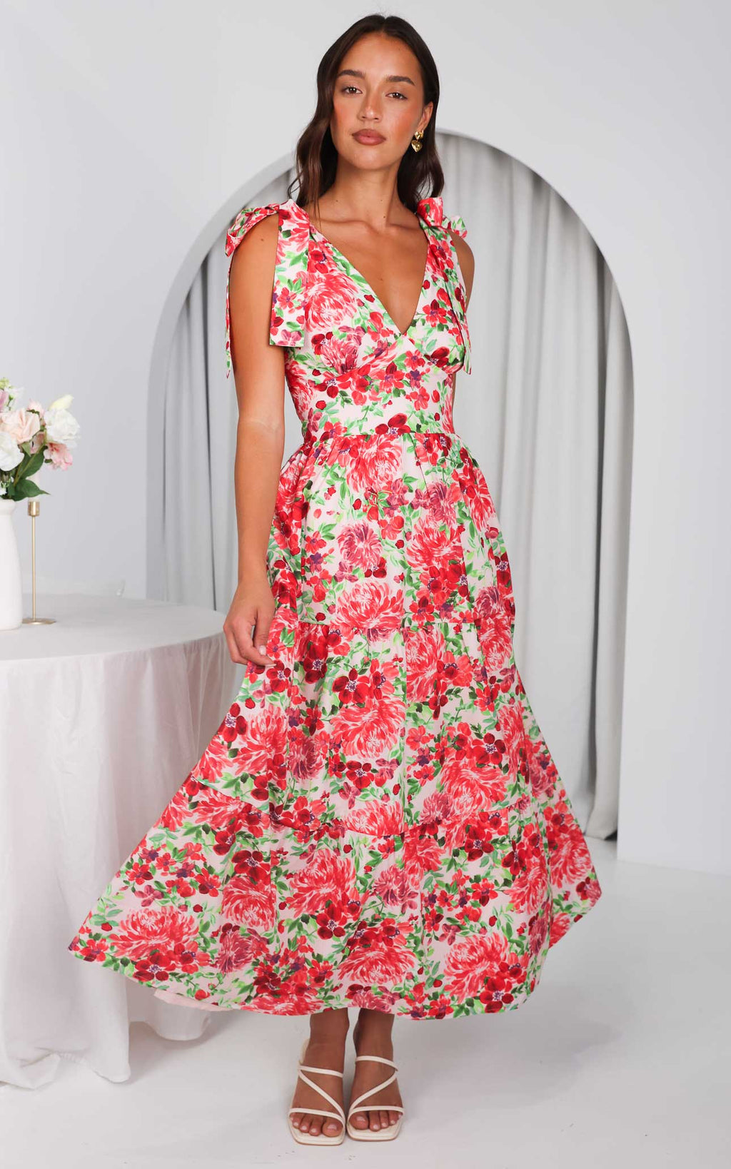 Aretha Tie Up Strap Maxi Dress - Pink Red Floral