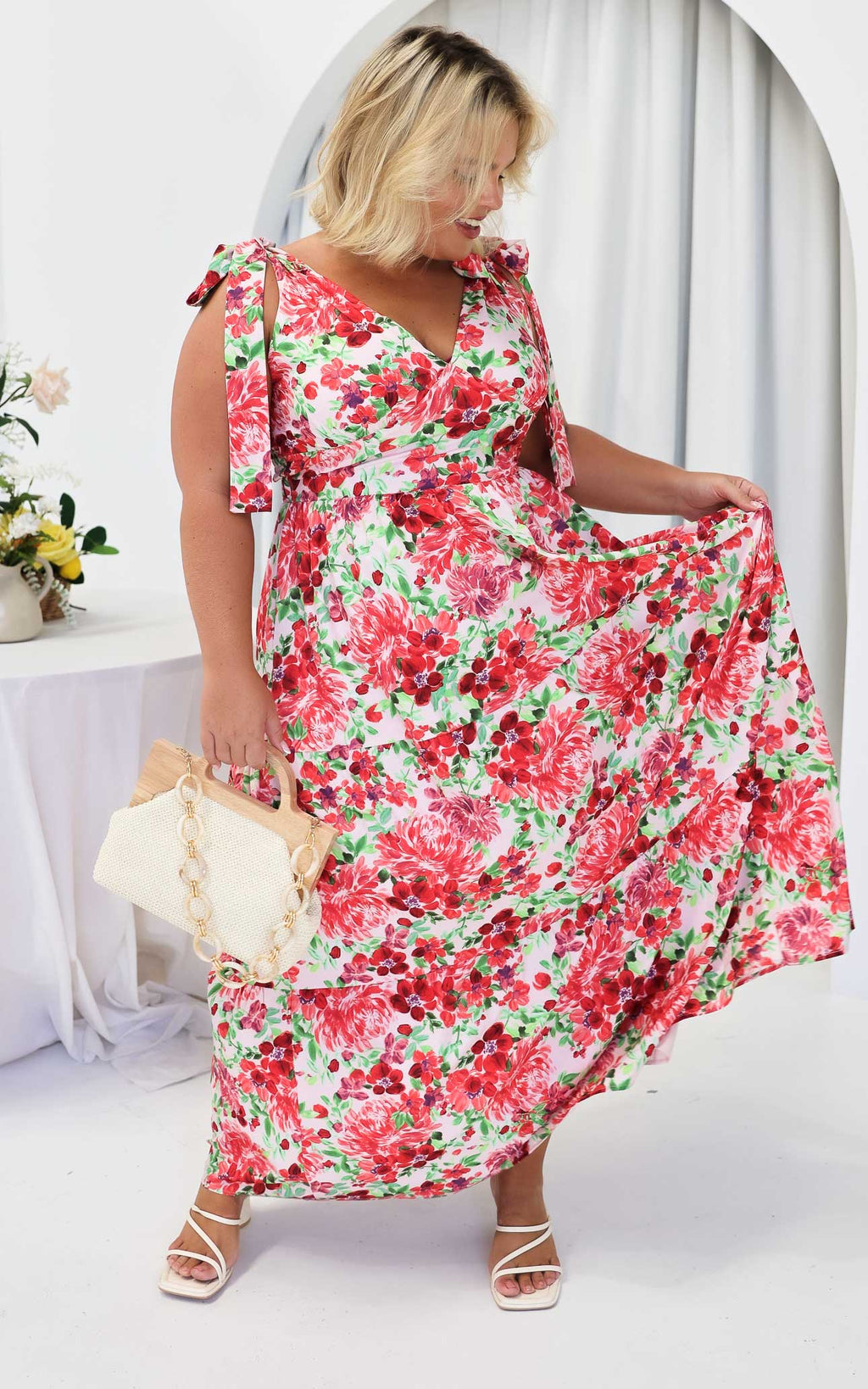 Aretha Tie Up Strap Maxi Dress - Pink Red Floral