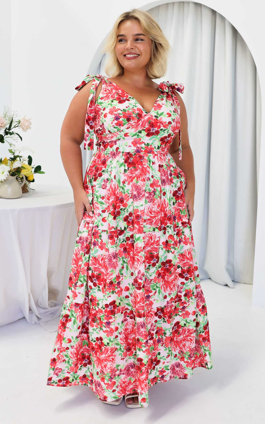 Aretha Tie Up Strap Maxi Dress - Pink Red Floral