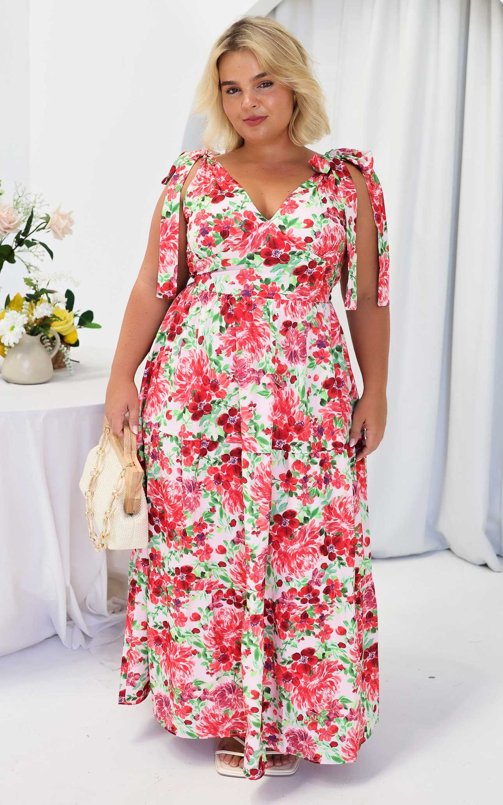 Aretha Tie Up Strap Maxi Dress - Pink Red Floral