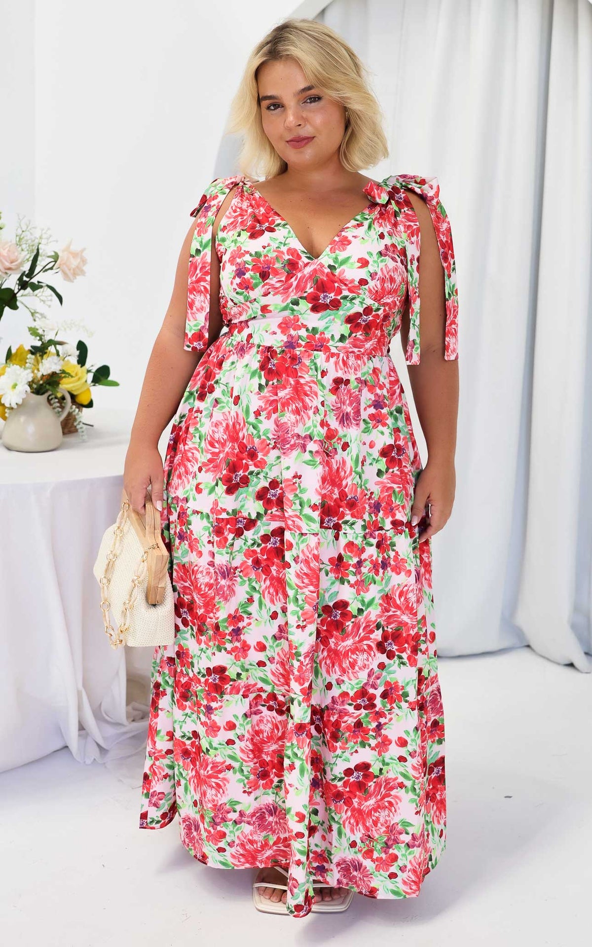 Aretha Tie Up Strap Maxi Dress - Pink Red Floral