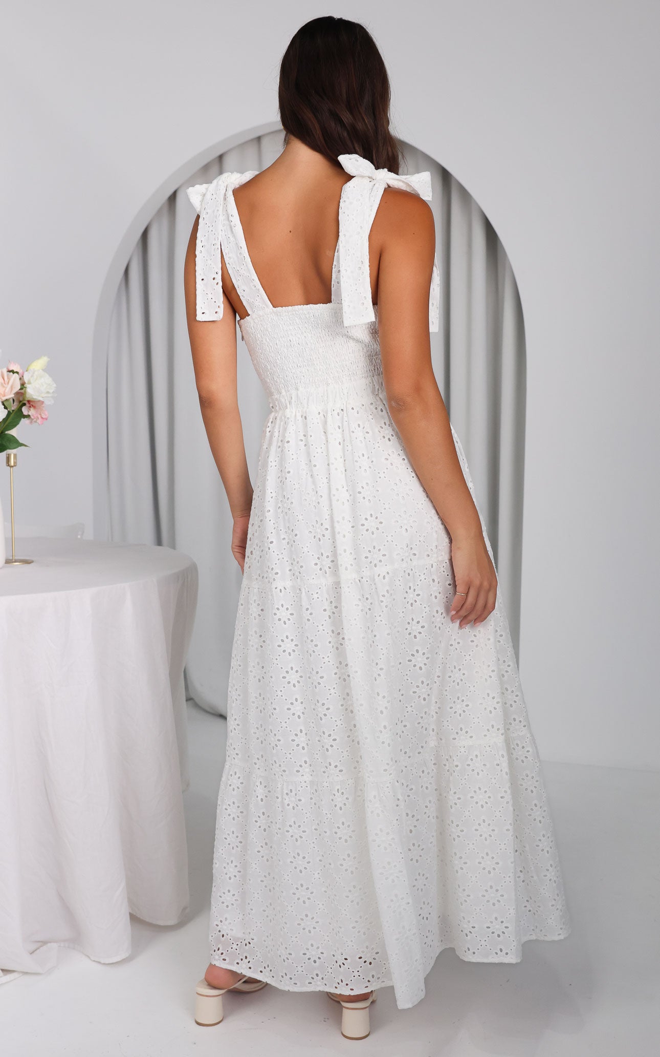Aretha Tie Up Strap Maxi Dress - White Eyelet