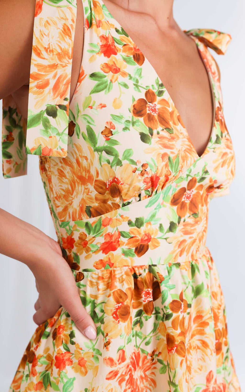 Aretha Tie Up Strap Mini Dress - Yellow Orange Floral