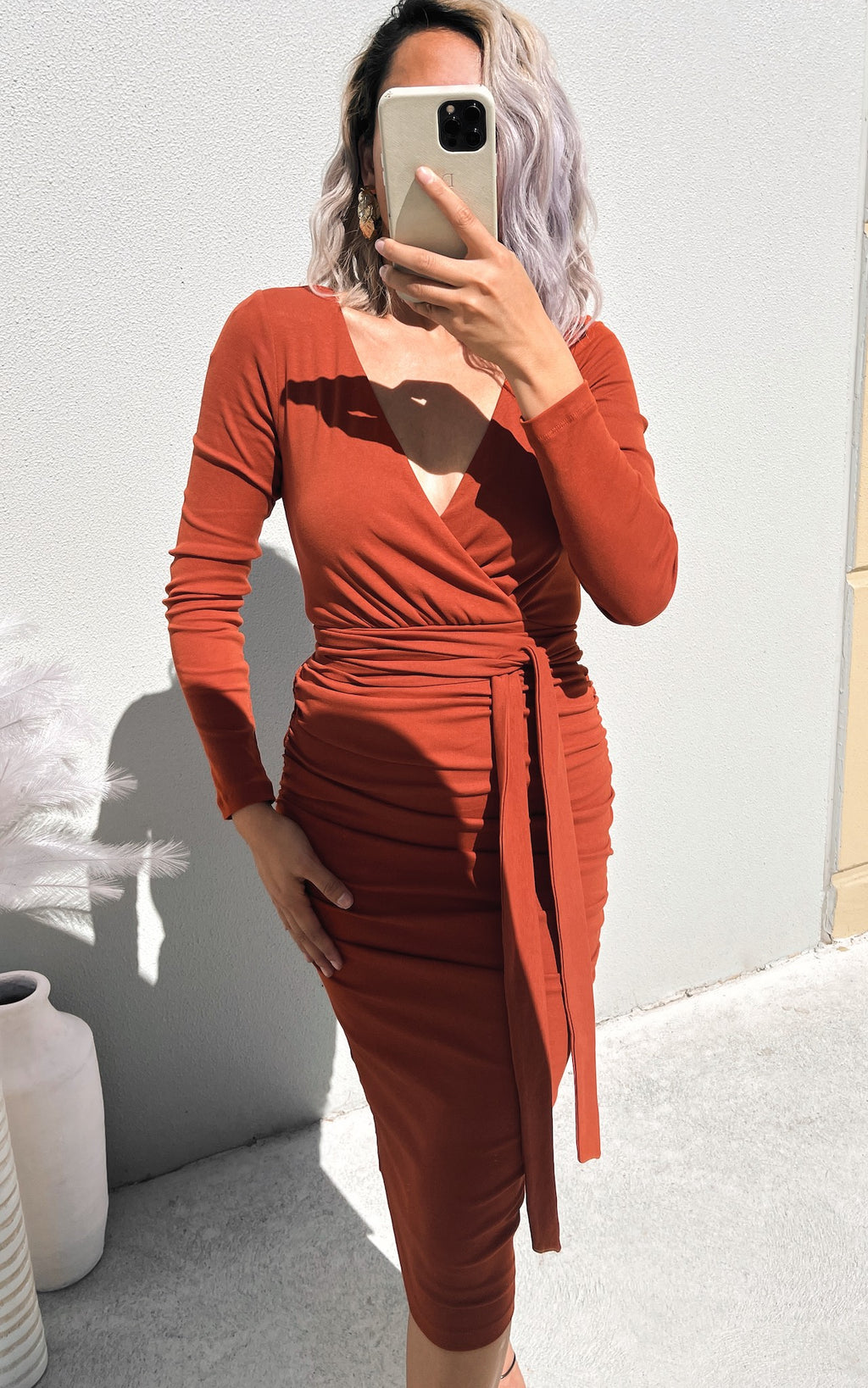 Aston Long Sleeve Midi Dress - Rust